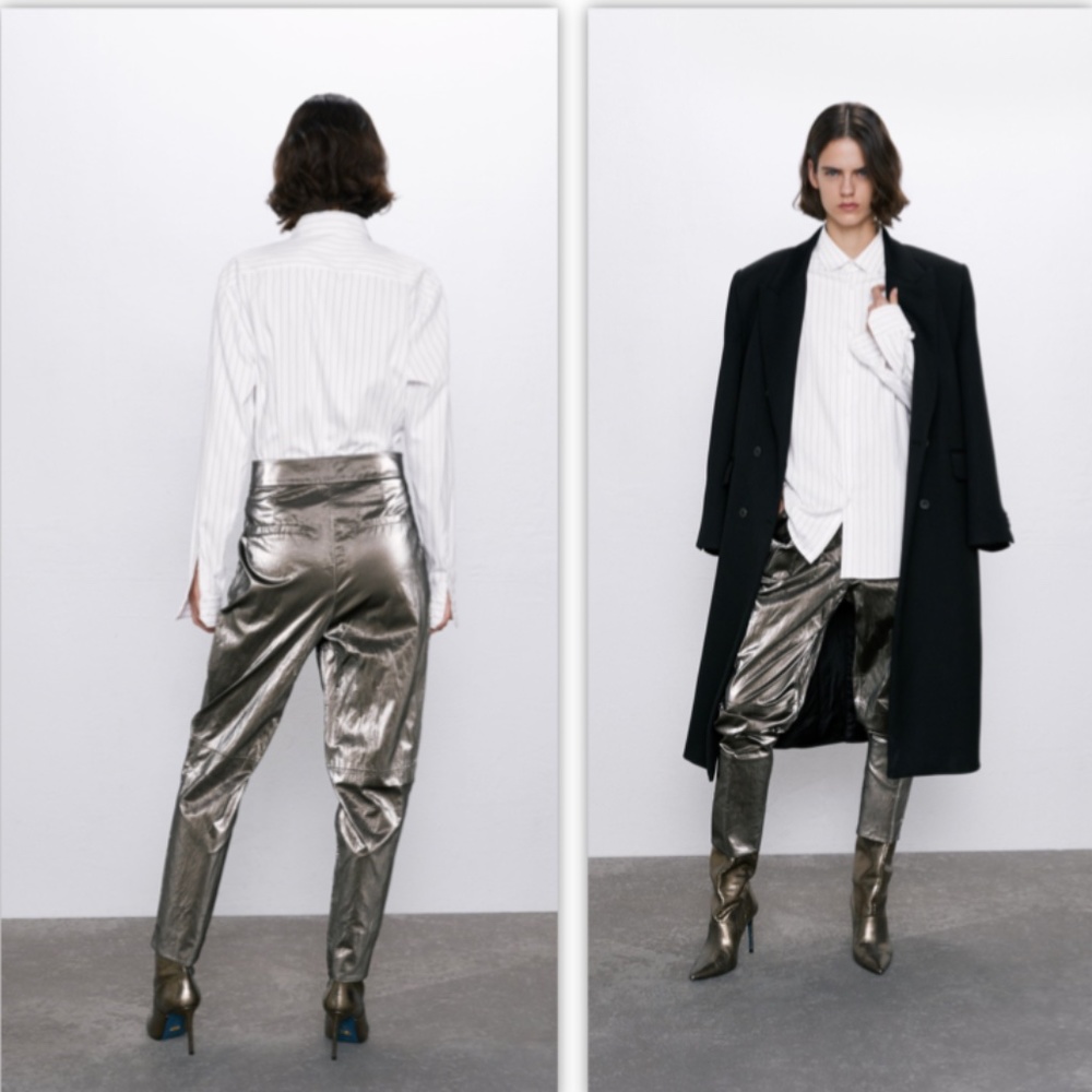 Zara Wrinkled-effect Metallic Trousers NWT - Picture 5 of 12